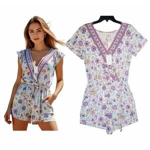 ⭐Bebop Womens Romper Size S White Purple Floral V-Neck Short Sleeve Jumpsuit New